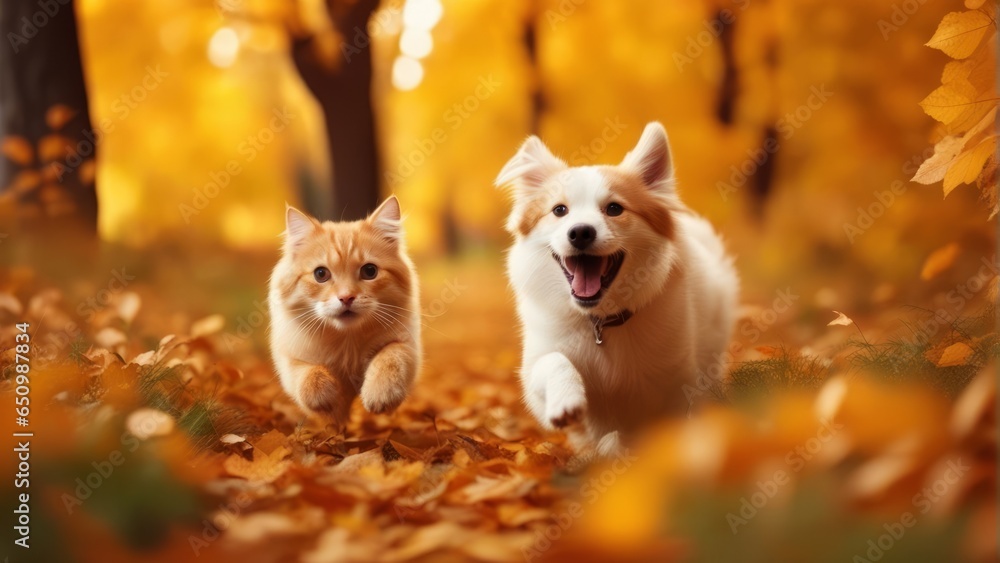 Funny happy cute dog and cat running, smiling in the leaves. Golden autumn fall background Funny happy cute dog and cat running, smiling in the leaves. Golden autumn fall background