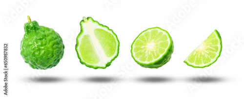Flying fresh bergamot with slices  collection isolated on white background.