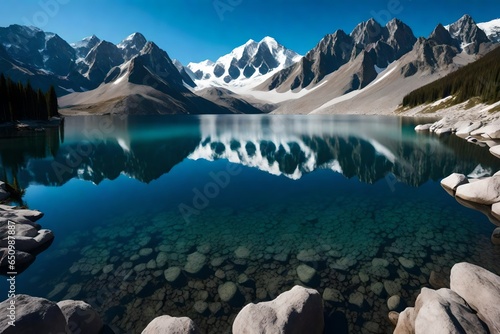 A serene mountain lake reflecting snow-capped peaks under a clear blue sky.
