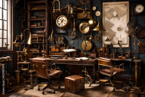 A steampunk-themed study with vintage brass gadgets and leather armchairs.