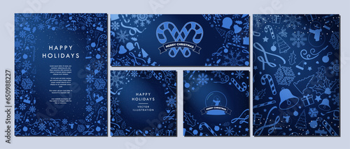 Cetacean Blue Christmas Template Designs. Merry Christmas Card and Poster Monochromatic Theme Backgrounds. Xmas doodle elements. Beautiful minimalist Winter templates. Card, banners, posters. Vector. 