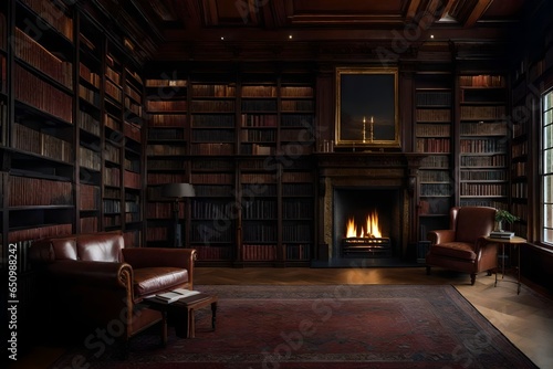 Depict the private library or study with a fireplace and floor-to-ceiling bookshelves.