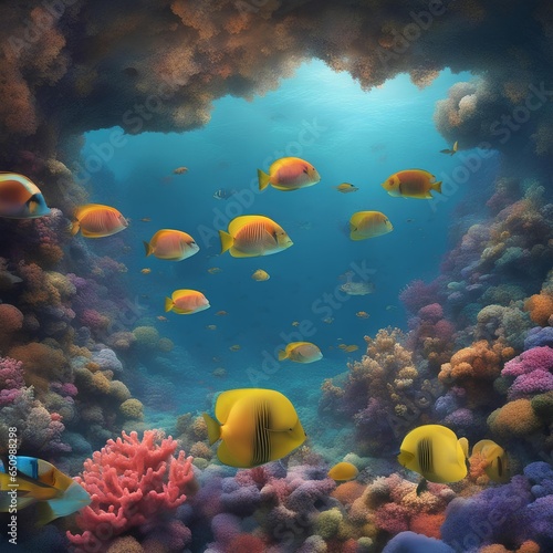 Immersed in Beauty: Surreal Underwater Scene with Exotic Marine Life