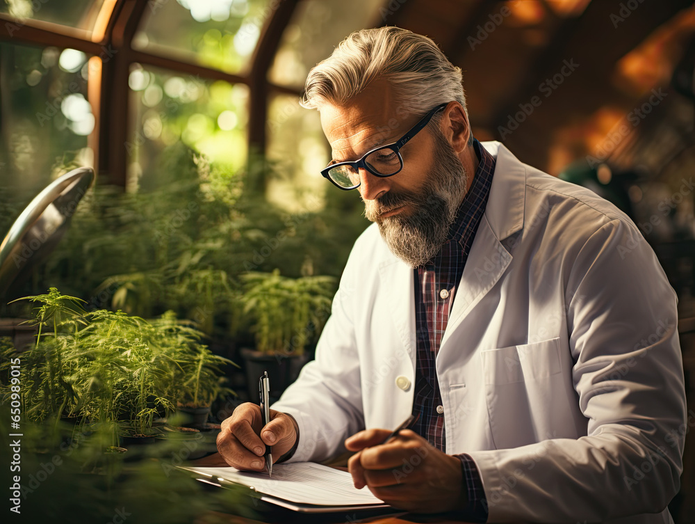 Exploring Herbal Alternative Medicine and CBD Oil: Scientist in a Greenhouse, Wearing Mask, Glasses, and Gloves, Inspecting Hemp Plants. - obrazy, fototapety, plakaty 
