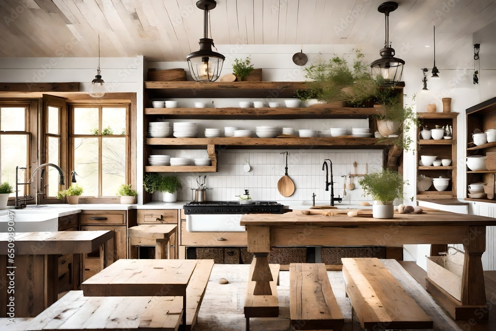 A rustic farmhouse kitchen with a farmhouse sink and open shelving ...