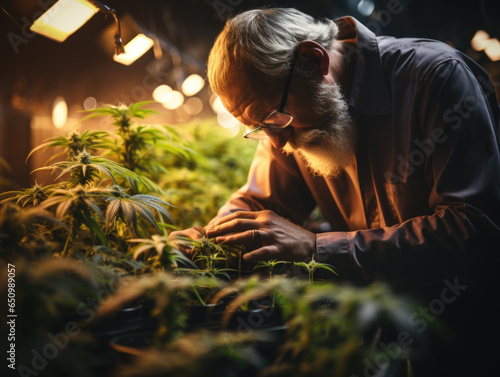 Exploring Herbal Alternative Medicine and CBD Oil: Scientist in a Greenhouse, Wearing Mask, Glasses, and Gloves, Inspecting Hemp Plants.
