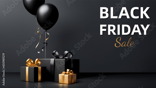 Black friday sale banner with balloons and giftbox.