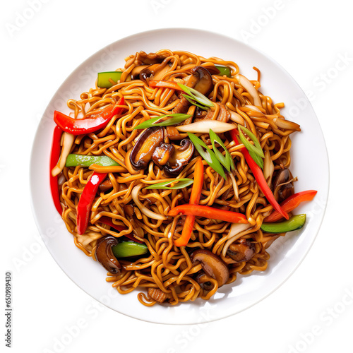 top view of chinese food Chow Mein  isolated on a white transparent background photo