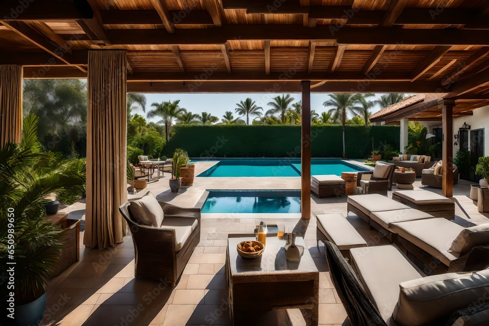 Depict the covered veranda with comfortable seating and a view of the pool.
