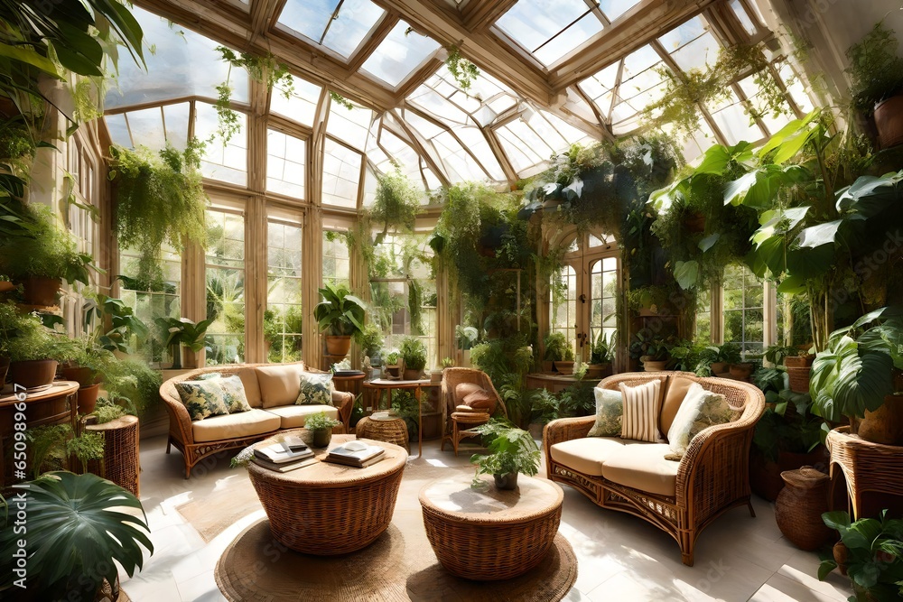 Fototapeta premium A sun-drenched conservatory filled with exotic plants, wicker furniture, and cascading vines.