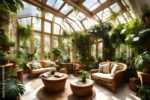 A sun-drenched conservatory filled with exotic plants, wicker furniture, and cascading vines.