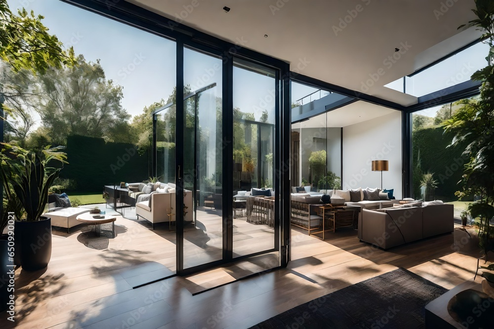 Fototapeta premium Explore the use of floor-to-ceiling sliding glass doors that open to the patio.