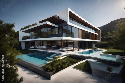 Describe the sleek and minimalist design of the modern luxury house's fa? section ade. © AQ Arts