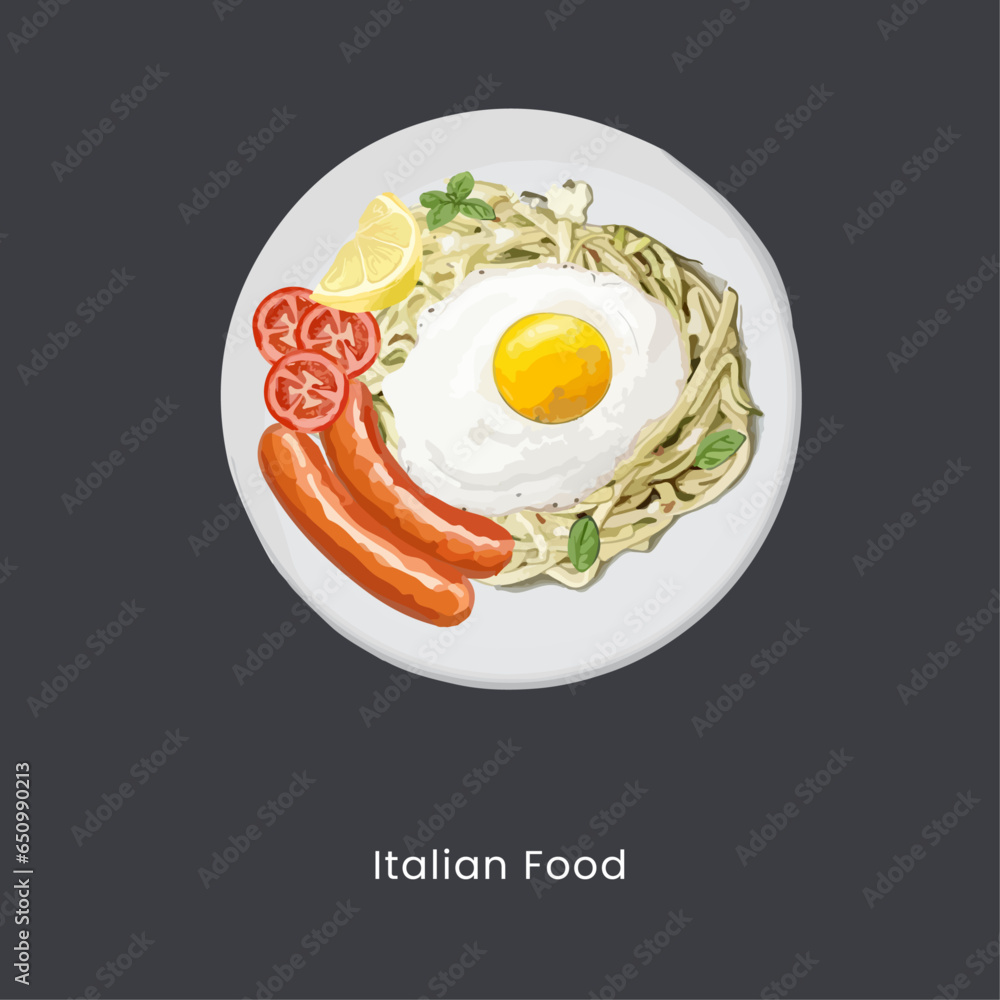 Creamy spaghetti carbonara on plate with sunny side up egg on top, sausage and basil as garnish. Hand drawn watercolor vector illustration Creamy spaghetti carbonara on plate with sunny side up egg on top, sausage and basil as garnish. Hand drawn watercolor vector illustration