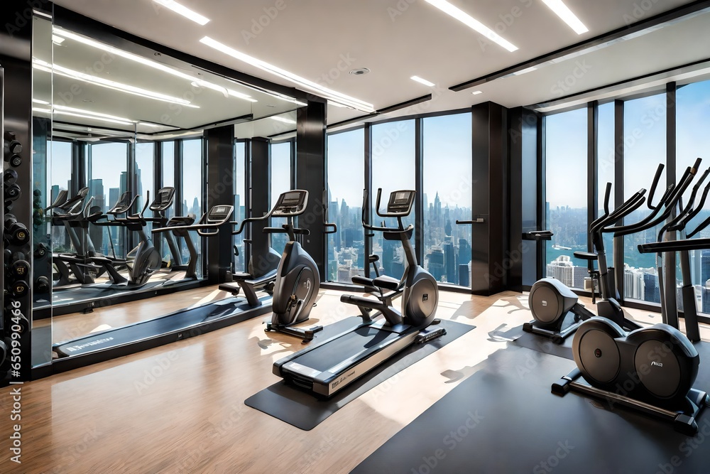 A high-end gym with state-of-the-art equipment, mirrored walls, and motivating views. A high-end gym with state-of-the-art equipment, mirrored walls, and motivating views.