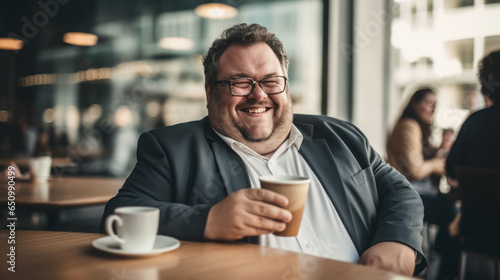 The businessman plus size holding coffee cup enjoy time in the office