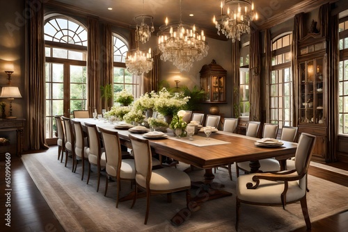 An elegant dining room with a long wooden table set for a formal dinner party.