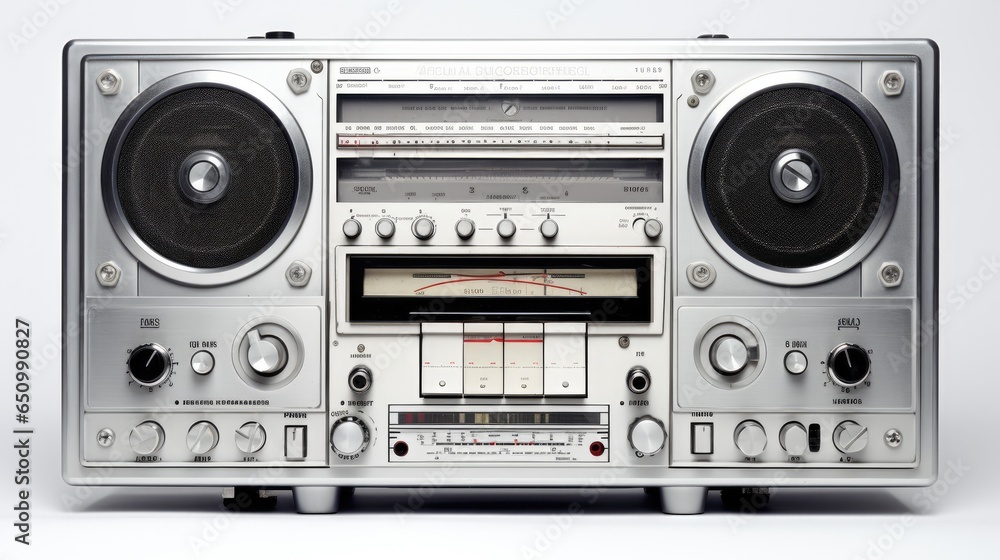 Image of old tape player recorder. Vintage radio isolated over white background - obrazy, fototapety, plakaty 
