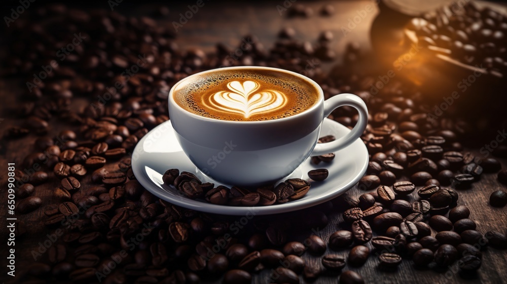 Generative AI, hot cappuccino with latte art on wooden table with coffee beans Generative AI, hot cappuccino with latte art on wooden table with coffee beans