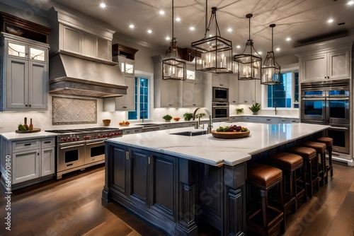 Illustrate the chef's kitchen with top-of-the-line appliances and a massive island.