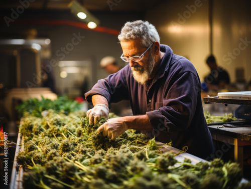 Worker Trimming Marijuana Leaves and Using Scissors to Cut Fresh Cannabis Flower Buds. Cannabis Cultivation for Medical and Commercial Purposes.