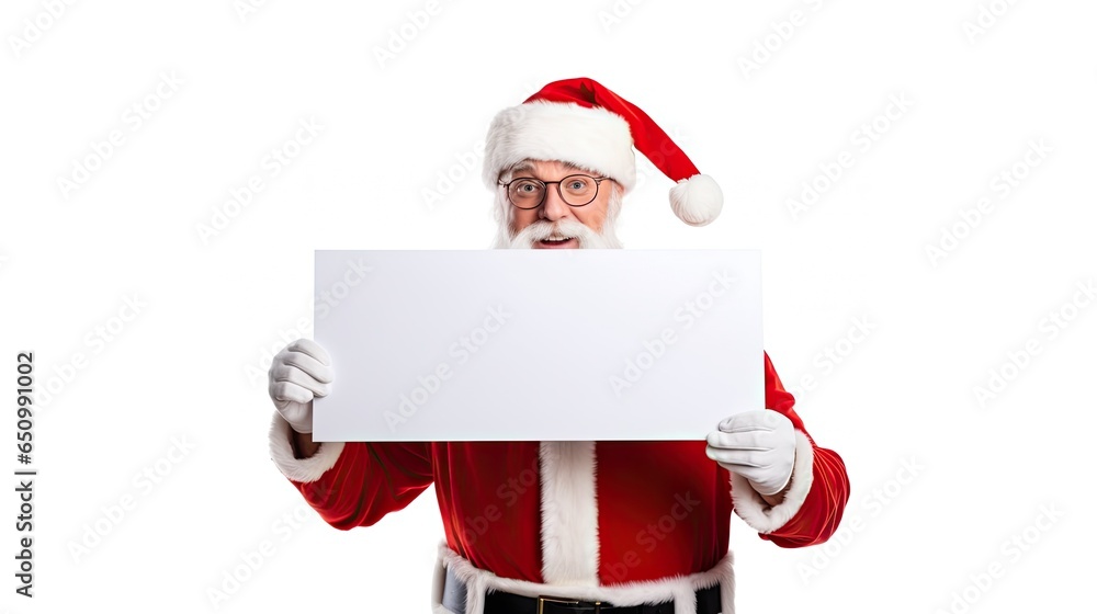 Image of man wearing santa claus holding blank paper. in happy isolated over white background Image of man wearing santa claus holding blank paper. in happy isolated over white background