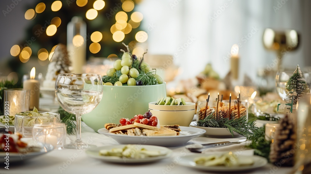Elegant green theme table setting for Christmas and New year dinner, Generative ai Elegant green theme table setting for Christmas and New year dinner, Generative ai
