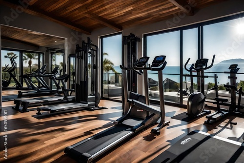 Illustrate the home gym with top-of-the-line fitness equipment and a view.