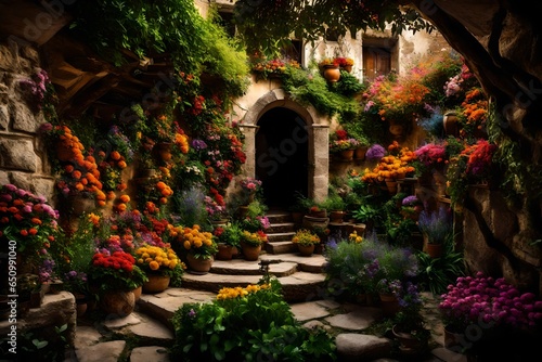 A secret garden hidden behind an ancient stone wall, bursting with colorful and exotic flowers.
