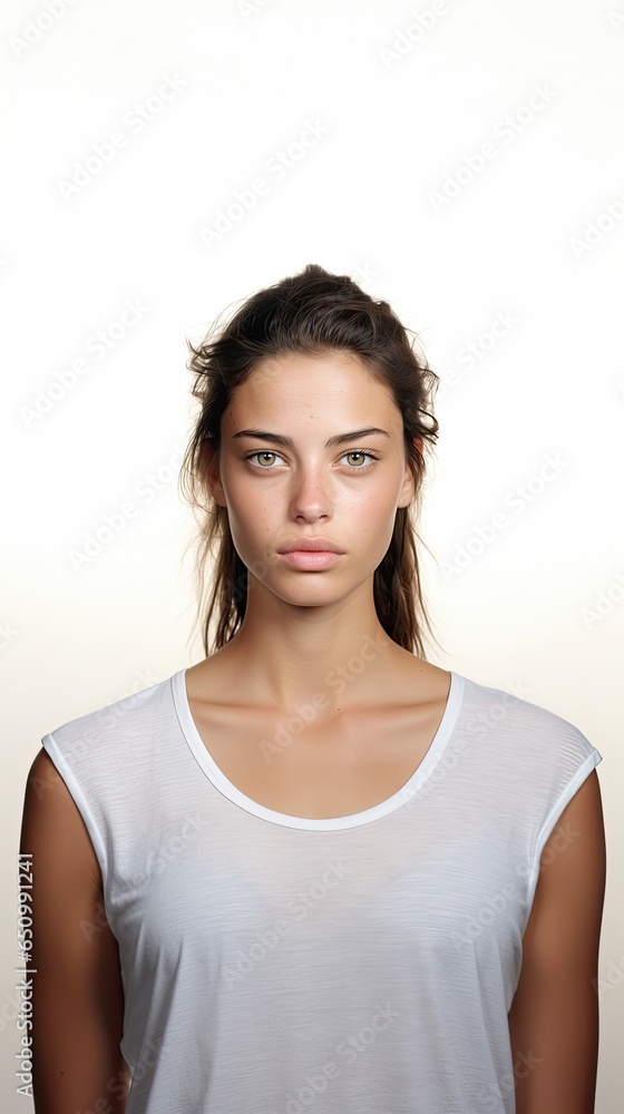 Image of young beautiful woman wearing white t-shirt isolated over white background feels depressed and angry. Sad expression. Image of young beautiful woman wearing white t-shirt isolated over white background feels depressed and angry. Sad expression.