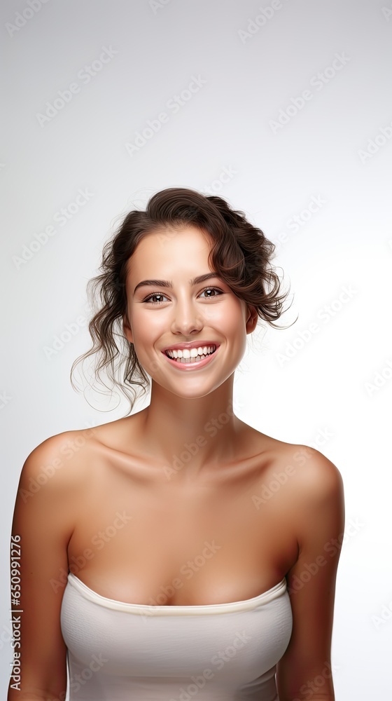 Image of smiling confident young woman in white T-shirt looking at camera isolated in white background Image of smiling confident young woman in white T-shirt looking at camera isolated in white background