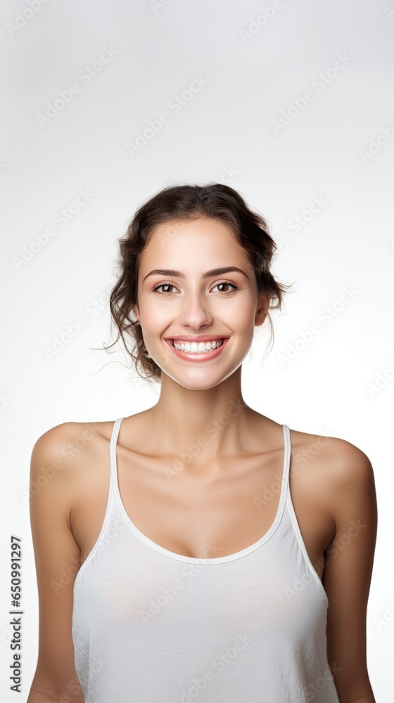 Image of smiling confident young woman in white T-shirt looking at camera isolated in white background Image of smiling confident young woman in white T-shirt looking at camera isolated in white background