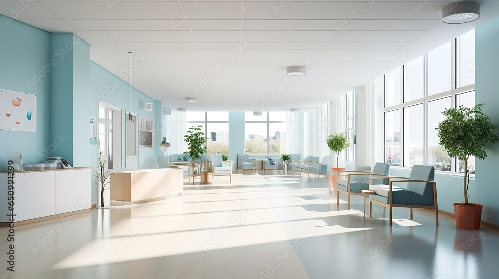 Modern medical clinic office hallway, hospical reception area