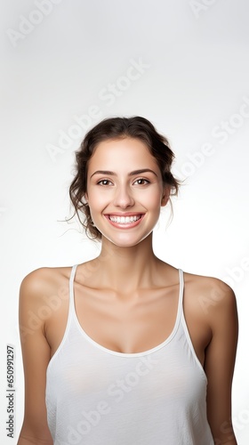 Image of smiling confident young woman in white T-shirt looking at camera isolated in white background