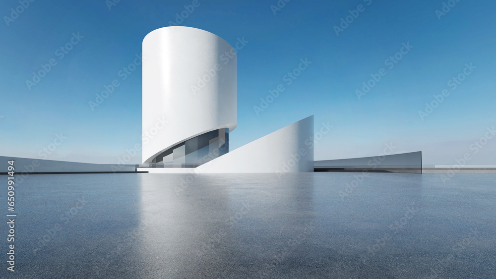 3d render of abstract futuristic modern architecture with empty concrete floor. - obrazy, fototapety, plakaty 