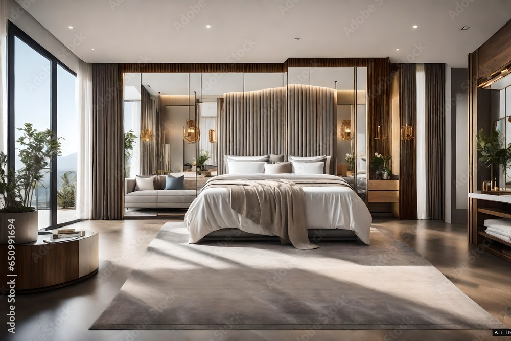 Explain the luxurious master suite with a private balcony and spa-like bathroom. Explain the luxurious master suite with a private balcony and spa-like bathroom.