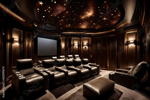 A high-tech home cinema with plush leather recliners and a starry ceiling.