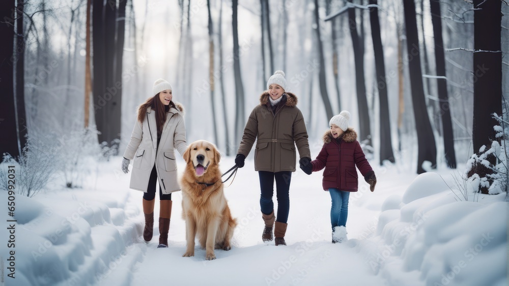 Happy family walking their pet golden retriever in the winter forest outdoors. Active Christmas holiday