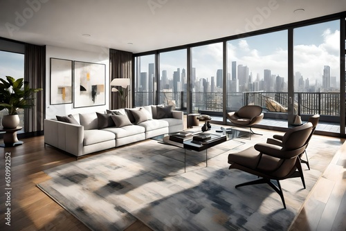 A contemporary penthouse living room with abstract art  sleek furniture  and a glass-walled balcony.