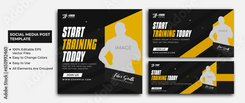 Social media post template design for Gym, Fitness, Workout, and Sports. Editable modern abstract banner with a place for the photo. Usable for social media, banner, poster,cover.