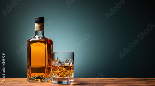 Background with whiskey bottle and glass, empty copy space, wallpaper