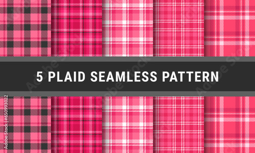 Set Tartan Plaid Seamless Pattern In Pink Black White. Checkered fabric texture for flannel shirt, skirt, blanket
