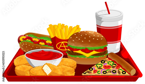Classic Fast Food Tray: Chicken Nuggets with Ketchup, Pizza, Burger, French Fries, Hot Dog, and Drink