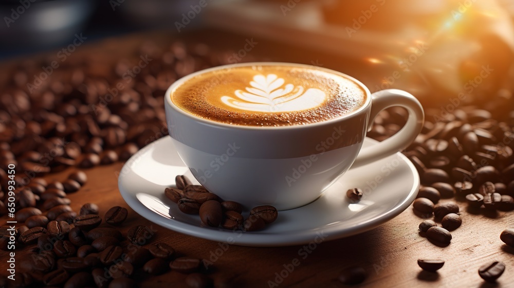 Generative AI, hot cappuccino with latte art on wooden table with coffee beans Generative AI, hot cappuccino with latte art on wooden table with coffee beans
