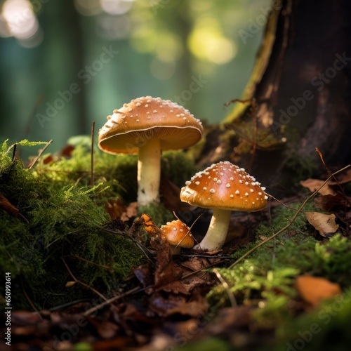 Champignons mushrooms on the ground in beautiful autumn forest