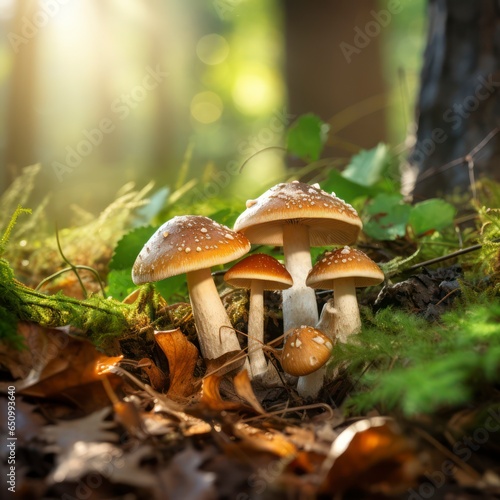 Champignons mushrooms on the ground in beautiful autumn forest