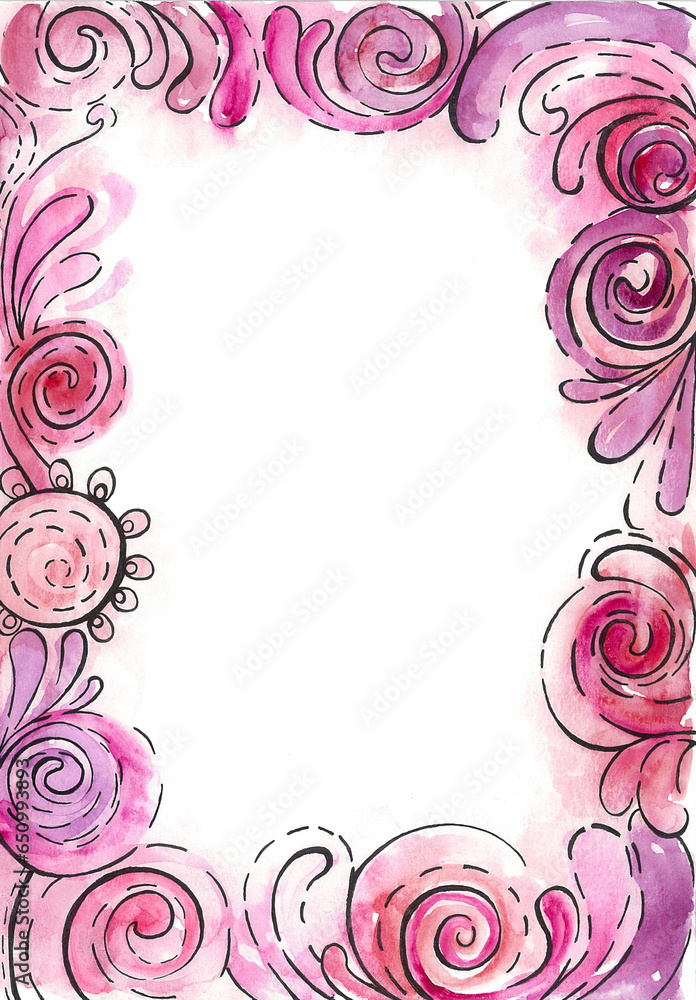 Frame made of decorative elements of different shades of pink. And black outline. White space for text. Watercolor blur. Swirls, circles, petals and other ornaments are emphasized with black lines.