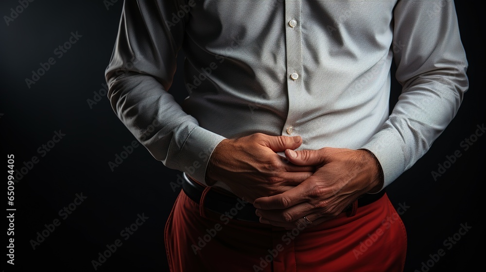 A man holding his stomach, a sharp pain in the abdomen. Feels uncomfortable. Health problems A man holding his stomach, a sharp pain in the abdomen. Feels uncomfortable. Health problems