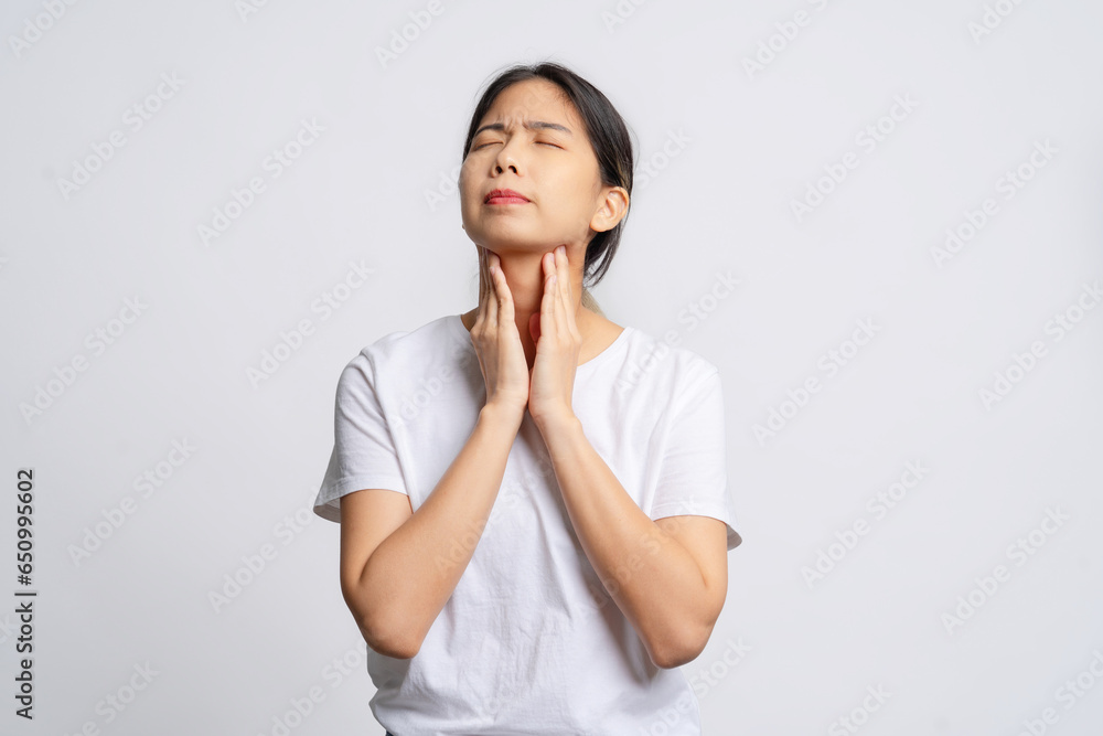 Sick woman with sore throat or tonsillitis, she feels sick. Sick woman with sore throat or tonsillitis, she feels sick.