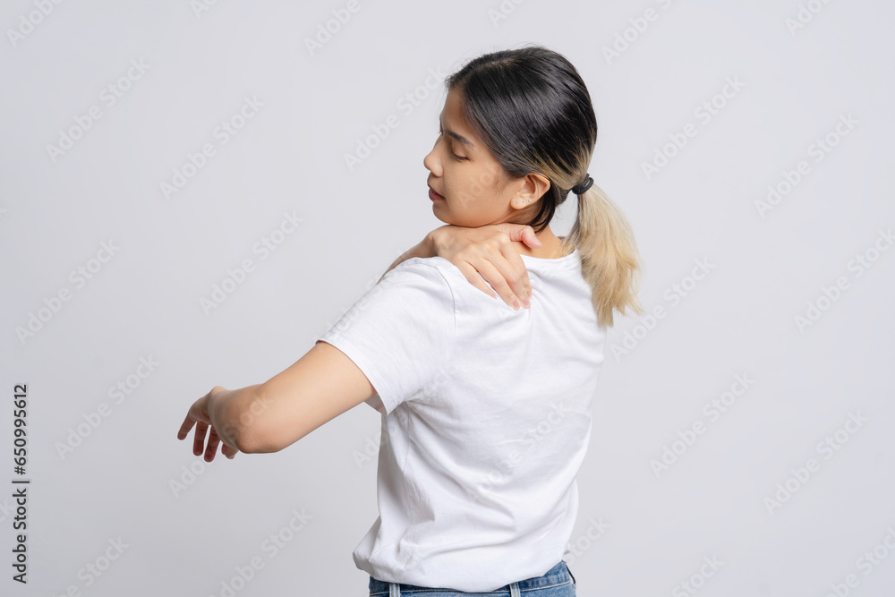 Asian woman has problem with structural posture She had neck and shoulder pain. Asian woman has problem with structural posture She had neck and shoulder pain.